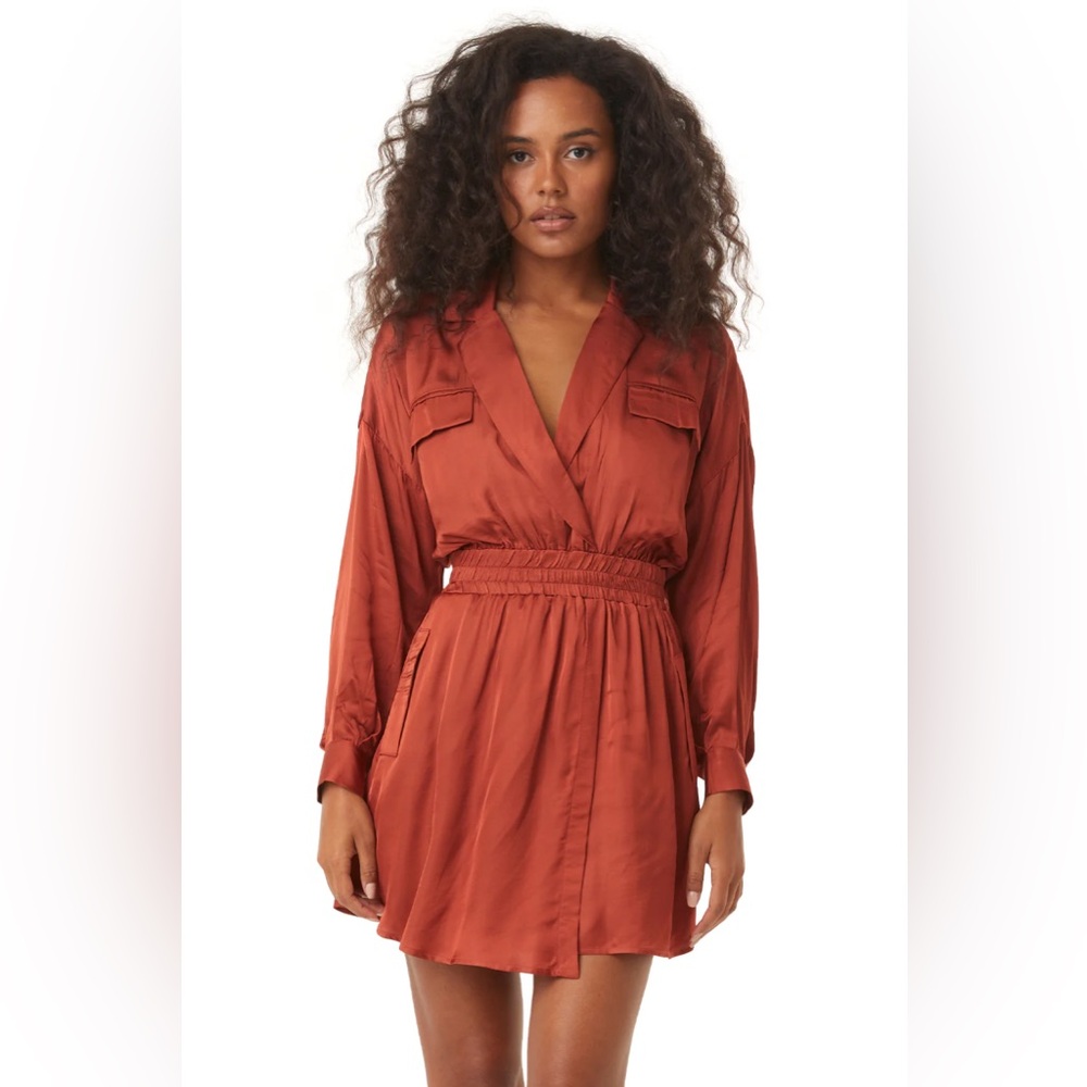Misa Los Angeles Burnt Orange Satin Long Sleeve Mini Dress Women XS Small Medium